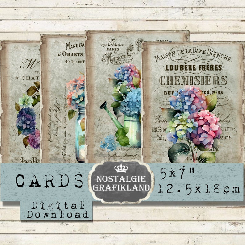 Hydrangea Printable Cards Flowers Floral Greetings Papers Vintage ...