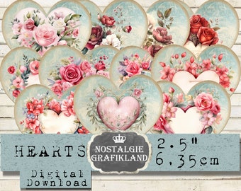 Hearts Valentine Love Greetings Scrapbook printable Decoupage Journaling 2.5 Download digital collage sheet H127