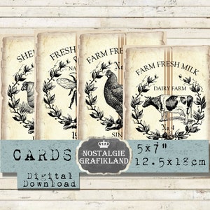 Tarjetas digitales de granja Papeles de gallo imprimibles Vintage Rustic Country Farming Journal 5x7 pulgadas Descarga instantánea hoja de collage digital G005