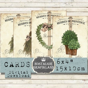 May include: Set of vintage-style cards with botanical illustrations and text. The cards feature images of herbs, wreaths, and potted plants, with the words "Herbes de Provence" and "Rosem". The cards are 6x4 inches and are a digital download.