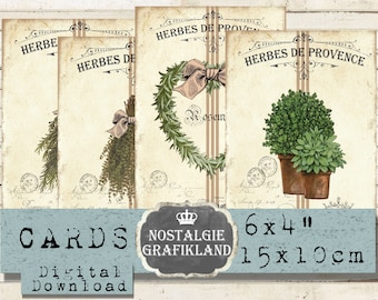 Tarjetas imprimibles de hierbas provenzales, romero, tomillo, para revistas francesas, hoja digital de 15 x 10 cm, D271