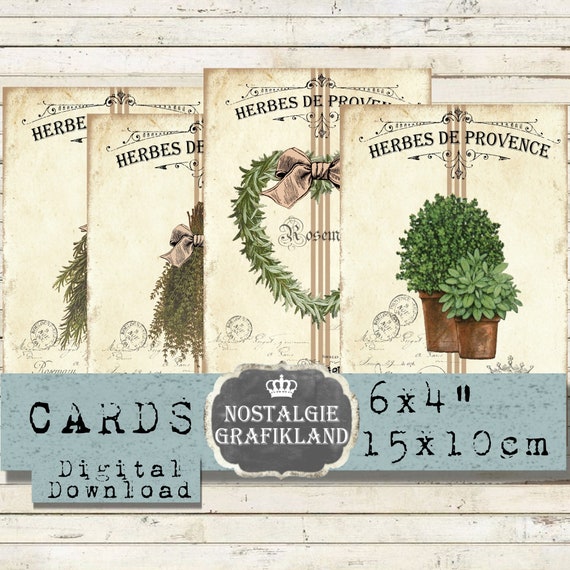 Herbs printable Herbes de Provence Rosemary Thyme French Jounal Cards 6x4" digital sheet D271