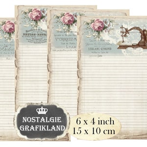 Naaikaarten bewerkbare schrijfpapier digitale Shabby Chic naaimachine Dressform beschrijfbare download 6x4 inch digitale collageblad D229