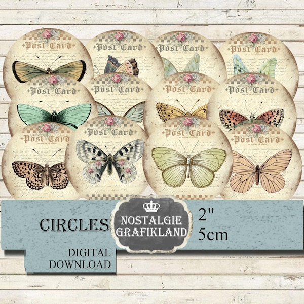 Motyle Koła Motyl Papillon 2 cale Vintage Journal Pobierz cyfrowy arkusz kolażu C136