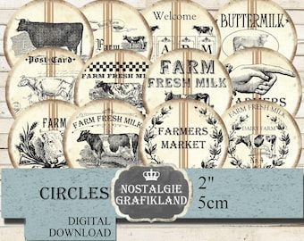 Farm Fresh Milk Circles Cow Journaling Farming 2 inch round digital sheet download C132