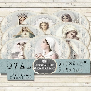 Madonna Holy Mary Labels digital Shabby Chic para impressão Ovais 3,5x2,5 polegadas Baixar folha de colagem digital O169