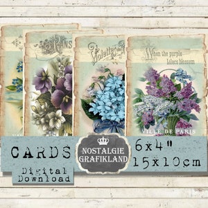 Lilas Violets Pensées Fleurs bleues Cartes Printemps Ne m’oublie pas 6x4 pouces vintage Télécharger feuille de collage numérique D158