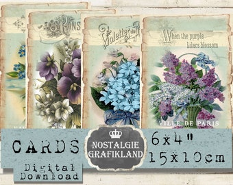 Lilacs Violets Pansies Blue Flowers Cards Spring Forget me not Vintage 6x4" digital D158