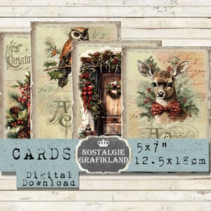 Cartões de felicitações de natal para impressão, veado, coruja, porta, lanterna, natal, digital, diário vintage, 5x7, download de colagem digital g082