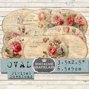 French Rose Labels digital printable Ephemera Oval 3.5x2.5 inch Instant Download digital collage sheet O091