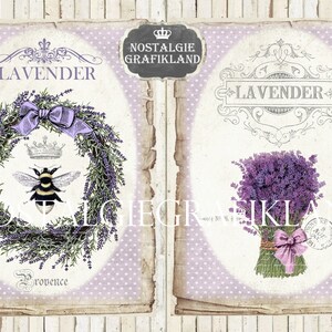 May include: Two vintage-style images with a lavender theme. The left image features a wreath of lavender with a bee and a crown, with the text "Lavender" and "Provence". The right image features a bouquet of lavender tied with a pink ribbon, with the text "Lavender". Both images have a light purple polka dot background.