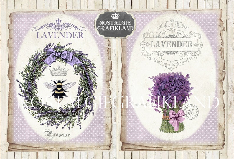 May include: Two vintage-style images with a lavender theme. The left image features a wreath of lavender with a bee and a crown, with the text "Lavender" and "Provence". The right image features a bouquet of lavender tied with a pink ribbon, with the text "Lavender". Both images have a light purple polka dot background.