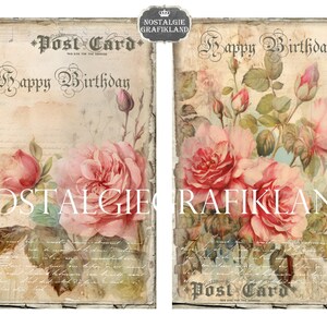 May include: Two vintage-style postcards with a floral design. The postcards feature pink roses and green leaves on a cream background. The text "Post Card" and "Happy Birthday" is written on the postcards.
