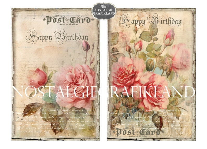 May include: Two vintage-style postcards with a floral design. The postcards feature pink roses and green leaves on a cream background. The text "Post Card" and "Happy Birthday" is written on the postcards.