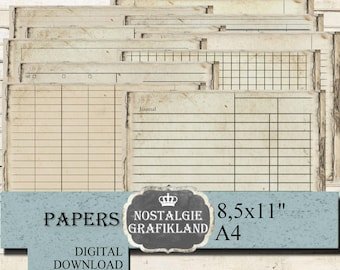 Ledger printable Paper Pack horizontal Junk Journals French Scrapbook Vintage Download digital 8.5x11" PPH008