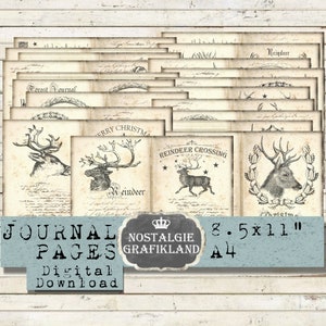 REINDEER printable Journaling Christmas Forest Vintage Ephemera Deer Journal Pages Prints Woodland Elk Animals Download digital sheet JPA049