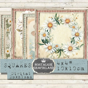 May include: A collection of digital download squares featuring daisy floral designs. The squares are framed with a red and white checkered pattern and measure 4x4 inches. The text "SQUARES" and "Digital Download" are visible.