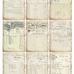 Pode incluir: Uma colagem de recibos e faturas de estilo vintage com texto manuscrito em franc&ecirc;s. Os pap&eacute;is s&atilde;o envelhecidos e t&ecirc;m um aspeto desgastado e deteriorado. O texto inclui nomes de empresas, datas e quantias. Os pap&eacute;is est&atilde;o dispostos numa grelha.