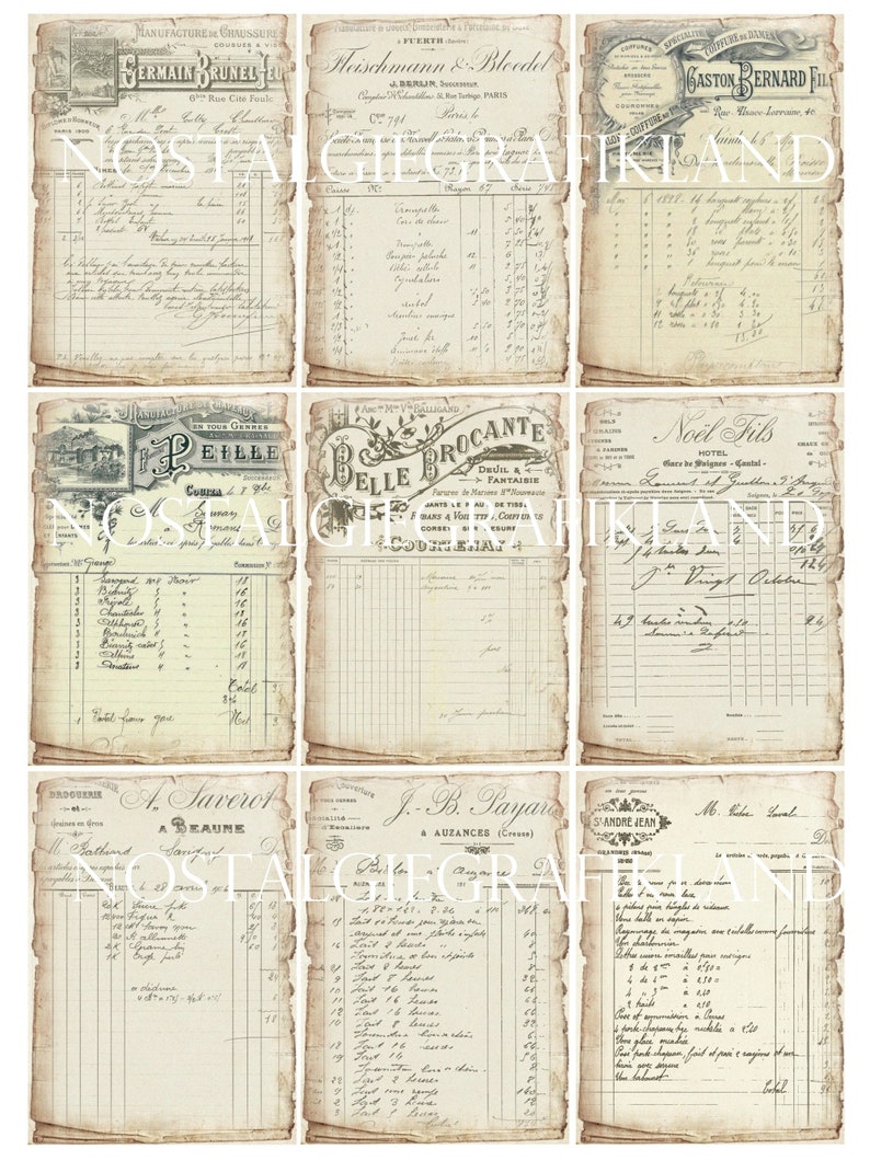 Pode incluir: Uma colagem de recibos e faturas de estilo vintage com texto manuscrito em franc&ecirc;s. Os pap&eacute;is s&atilde;o envelhecidos e t&ecirc;m um aspeto desgastado e deteriorado. O texto inclui nomes de empresas, datas e quantias. Os pap&eacute;is est&atilde;o dispostos numa grelha.