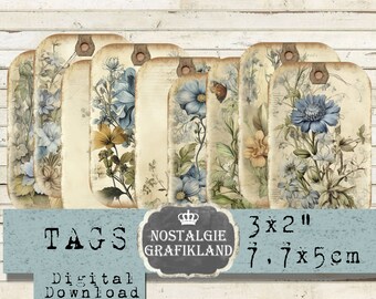 Blue Flowers Tags printable Journaling Floral prints Journaling Vintage Tags Selfprinting Download digital collage T225