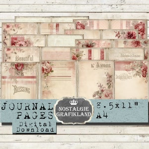 FADED SHABBY ROSE printable Sentiments Words Pink Red Vintage Journal Pages Prints Journal Ephemera Download digital collage sheet JPD003