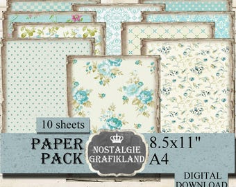 MINT bloemen achtergrond digitale Paper Pack Vintage afdrukbare Junk Journal Shabby Journaling 8,5 x 11" PP076
