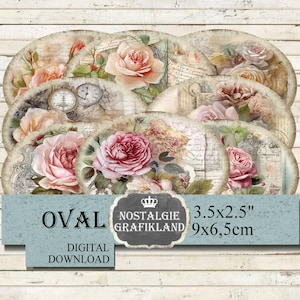 Etiquetas rosas shabby flores imprimibles óvalos francés scrapbooking decoupage 3.5x2.5 hoja de collage digital O136