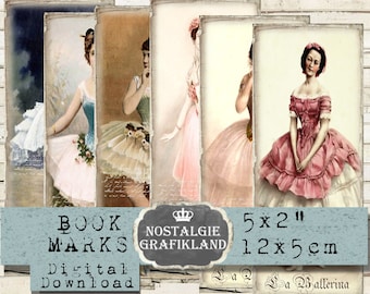 May include: Set of five digital printable bookmarks featuring vintage illustrations of ballerinas in pink and white dresses. The bookmarks are 5 x 2 inches or 12 x 5 centimeters. The text "Book Marks Digital Download" and "Nostalgie Grafikland" is included on the bookmarks.