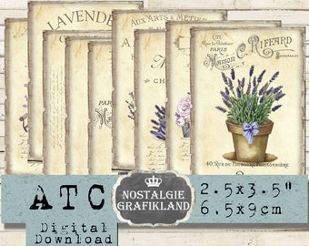 Folha de colagem digital para diário com enfeites de lavanda francesa da Provença (ATC) - S152