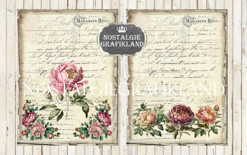 PEONIES printable French Vintage Journaling Flowers prints Papers Download Journal digital sheet 8.5x11 PPS012 image 4