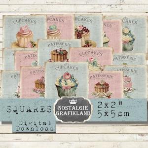 Boulangerie Pâtisserie & Cupcakes Gâteaux Carrés 2x2 Découpage Téléchargement instantané feuille de collage numérique TW110