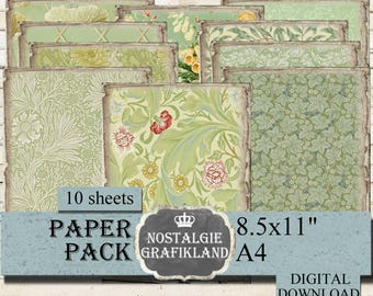 GREEN Floral Background printable Olive digital Papers Vintage Journaling Paper Download 8.5x11" PP031