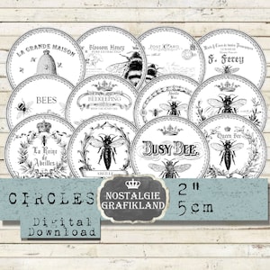 Bees Circles French Beekeeping Honey Bees 2 inch Ink Saver Black White Monochrome Download digital collage sheet C291