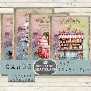 Cupcakes digital Patisserie Cards Shabby Chic printable Bakery Confectionery Cake Journaling Scrapbook Selfprinting Download 5x7 G059