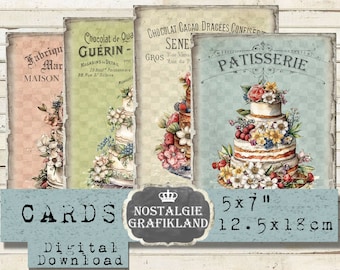 May include: Four vintage-style cards featuring a pastel color scheme and illustrations of cakes decorated with flowers and berries. The cards are 5x7 inches and have text in French, including "Patisserie" and "Chocolat Cacao Dracées Confiserie".