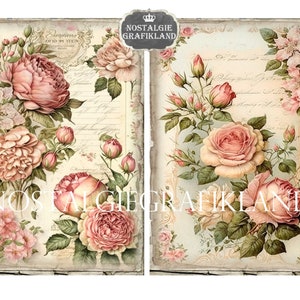 May include: Two vintage style pages with a floral design featuring pink roses and green leaves. The pages have a distressed background with handwritten text and a decorative border.