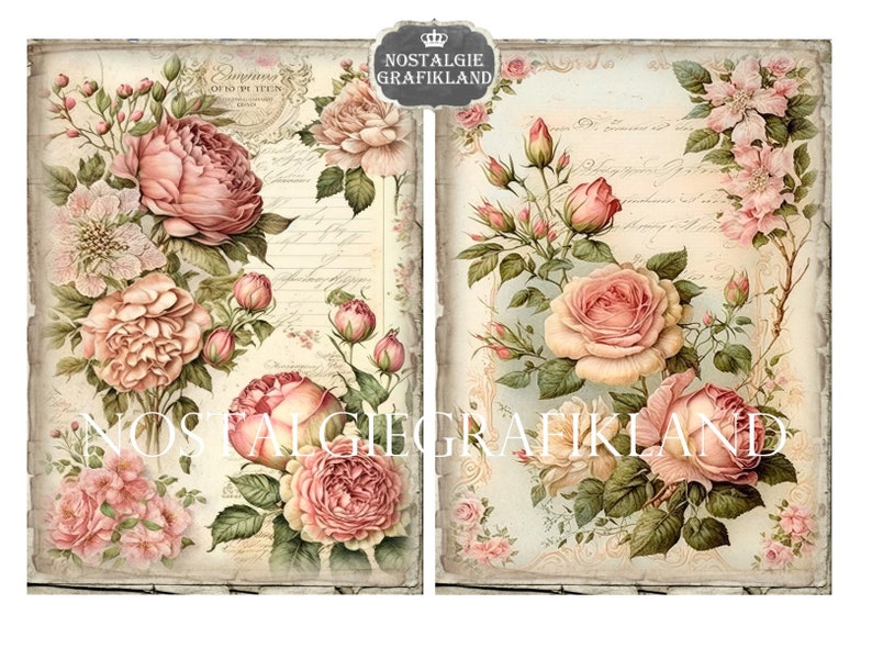 May include: Two vintage style pages with a floral design featuring pink roses and green leaves. The pages have a distressed background with handwritten text and a decorative border.