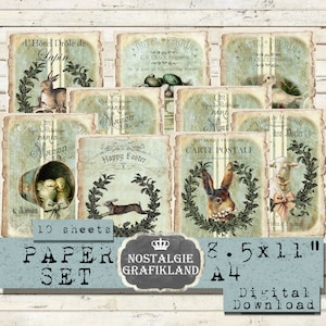 Easter printable Rabbits Bunnies Lamb Birds Hare Set Papers Vintage Journals Journaling Craft PDF Download digital collage 8.5x11&quot; PPS016