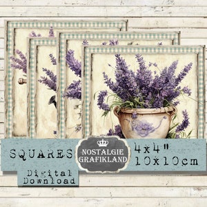 French Lavender Squares printable Provence Coaster 4x4 inch Scrapbook Decoupage Journaling Download digital collage sheet TG119