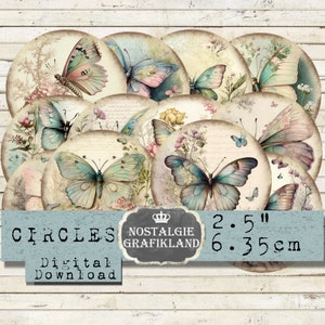 Mariposas Mariposa Círculos Shabby Insect Papillon 2.5 pulgadas Descargar hoja de collage digital C176