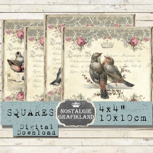 Peut inclure: Quatre images carrées numériques imprimables avec un design vintage avec des oiseaux, des fleurs et du texte. Le texte dit "Carpin - l'Administration Rhone, Lyon, rue Cup". Les images mesurent 4x4 pouces et 10x10 centimètres.