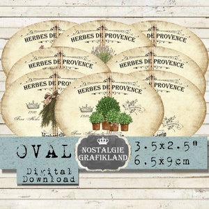 Kruiden Herbes de Provence Label Rozemarijn Thymian Sage Peterselie Ovaal 3,5 x 2,5 inch Instant Download digitale collage blad Spice O125