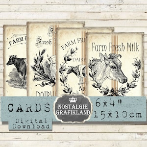 Impresiones de animales de granja, productos lácteos, vacas, toros, leche fresca, tarjetas para diario, 6 x 4 pulgadas, imprimibles, rústicos, para descargar, collage digital D270