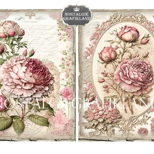 May include: Two vintage-style images featuring pink roses with intricate details. The left image has a floral design with a handwritten note, while the right image features a single rose in an oval frame.
