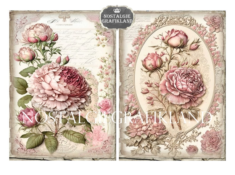 May include: Two vintage-style images featuring pink roses with intricate details. The left image has a floral design with a handwritten note, while the right image features a single rose in an oval frame.