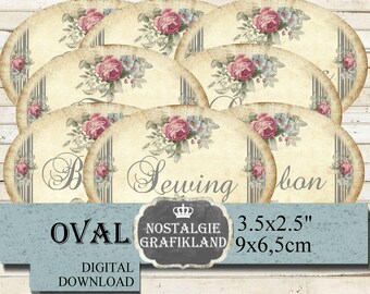 Etiquetas para coser palabras, manualidades, organización, efímeras shabby, botones de encaje ovalados de 3,5 x 2,5 pulgadas, descarga digital O121