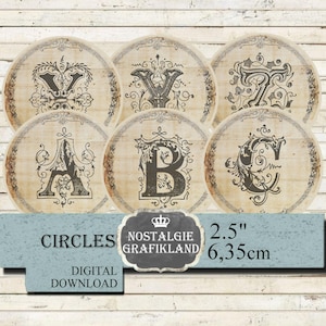 Alphabet ABC Circles Round printable Junk Journals Embellishments digital collage sheet C166