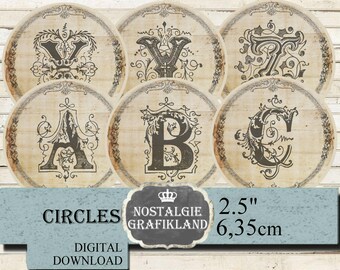 Alphabet ABC Circles Round printable Junk Journals Embellishments digital collage sheet C166