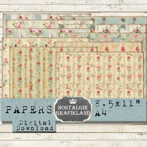 SHABBY CHIC Papers afdrukbaar liggend horizontaal Rozen Strepen Scrapbook Journals Download digitaal collageblad 11x8.5" PPH026