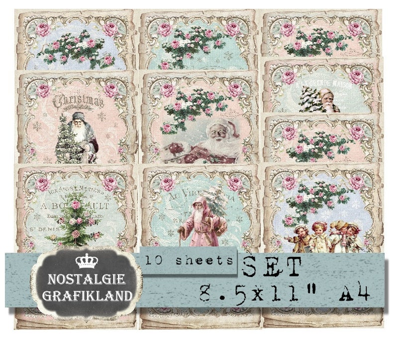 Printable Download Shabby Santa Claus Christmas Roses Chic Deer Digital Collage Collage Sheet Digital Collage Printable Gift Vintage